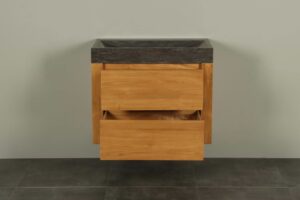 Hangend wastafelmeubel 80 cm teak Ambang hardsteen zk