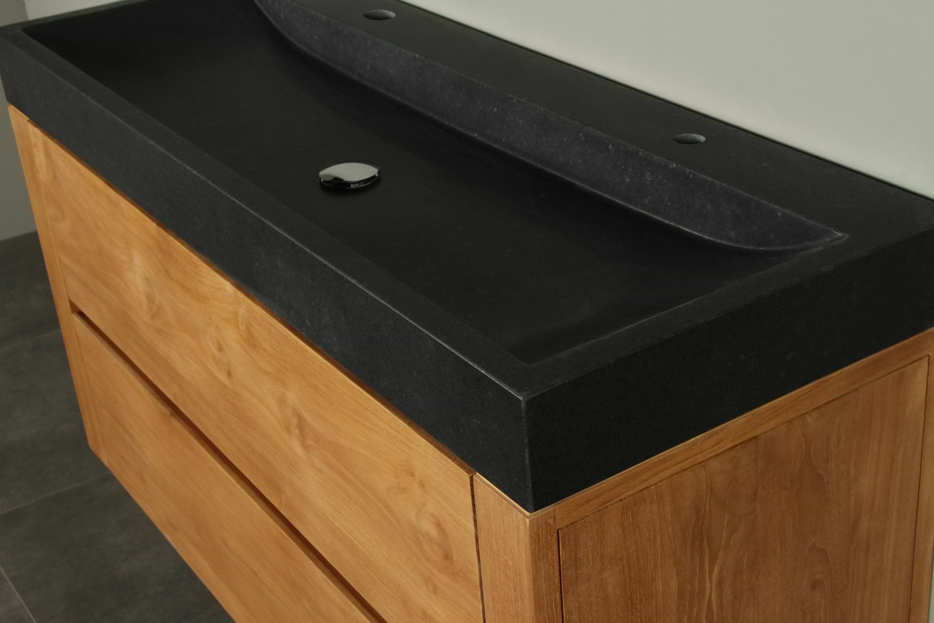 academisch cafe dienen Teak wastafelmeubel 120 cm Ambang basalt 2k - Badkamer Exclusief