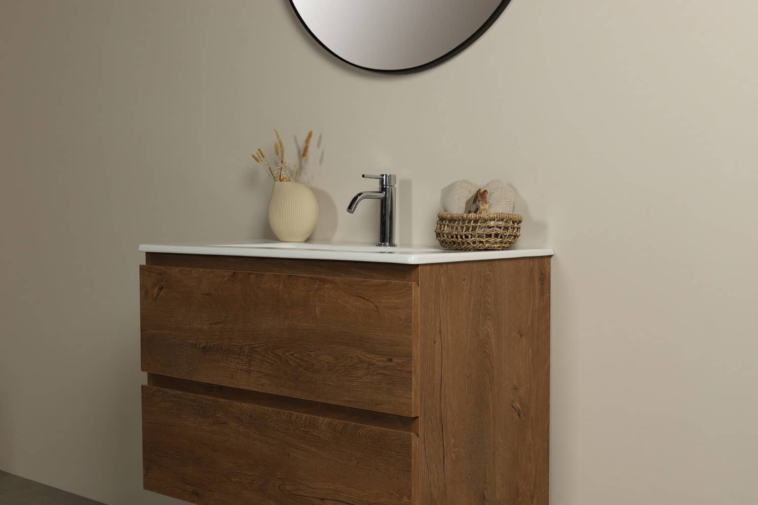 Modulo Badkamermeubel Met Wastafel | 120 Cm Lichtgrijs Eiken Vlak Front Mineraalmarmer 4 Hoge Lades 117357