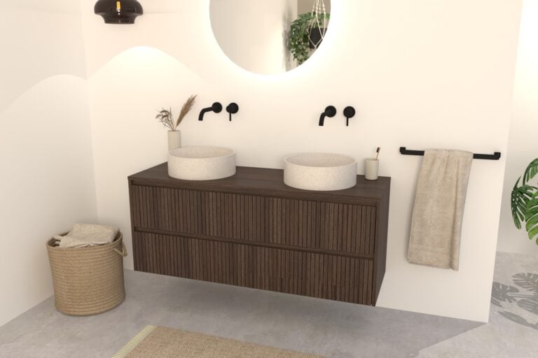 Donker Eiken Nila Badkamermeubel 140 cm – Ribbels met 4 Softclose Lades