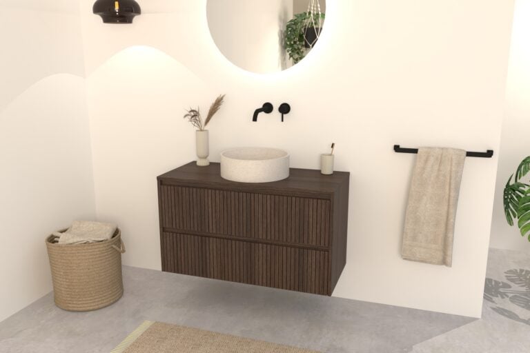 Donker Eiken Badkamermeubel Nila 100 cm – Ribbels met 2 Softclose Lades