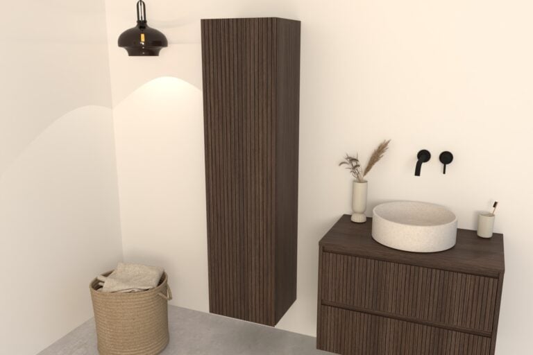 Hoge Badkamerkast donker eiken Manaro 160 cm – Ribbelfront Deuren Softclose